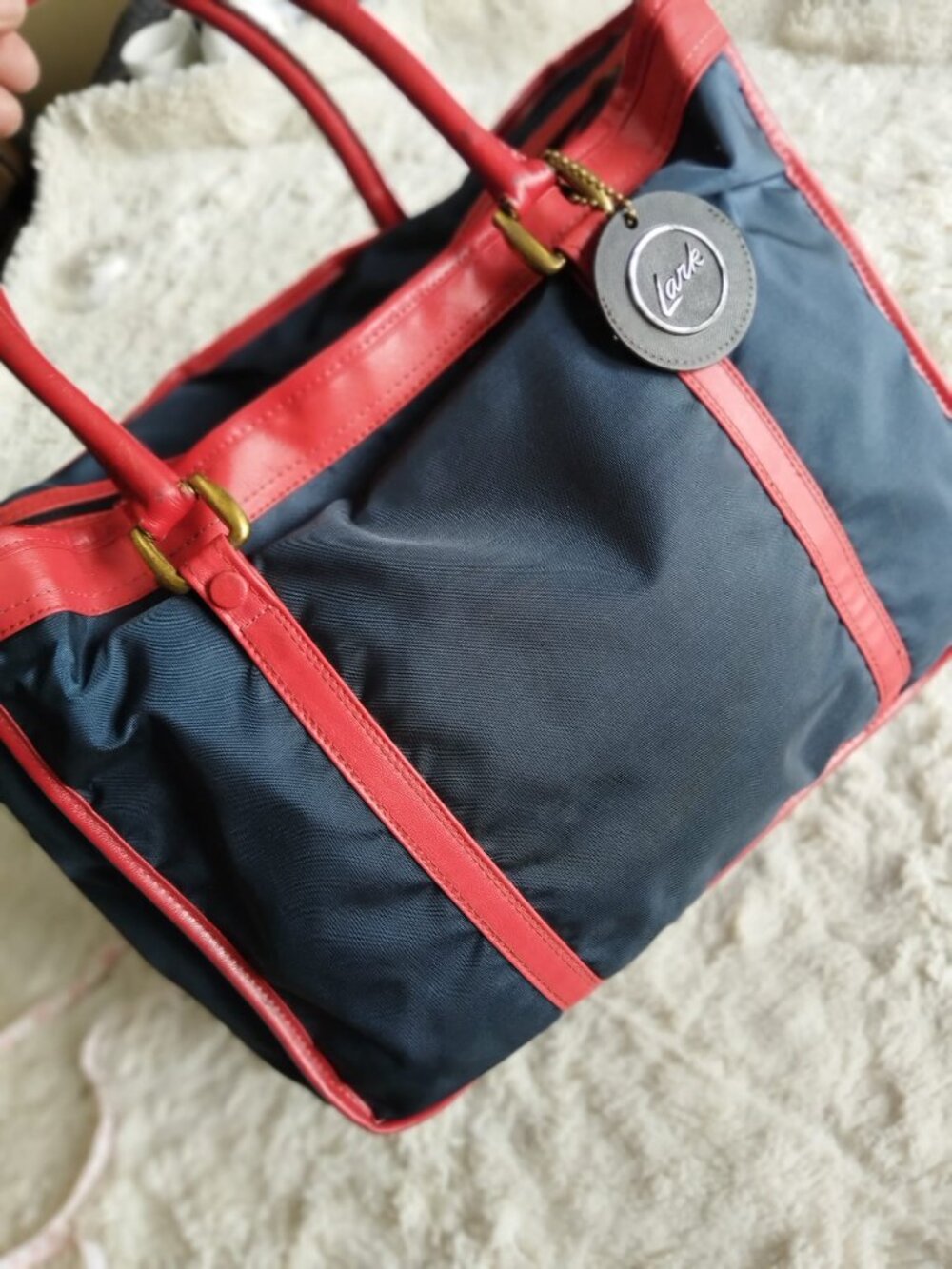 Lark Luggage Vintage Webbing Stripe Travel Duffel Tote Bag Navy Red Green AEH - Picture 2 of 16